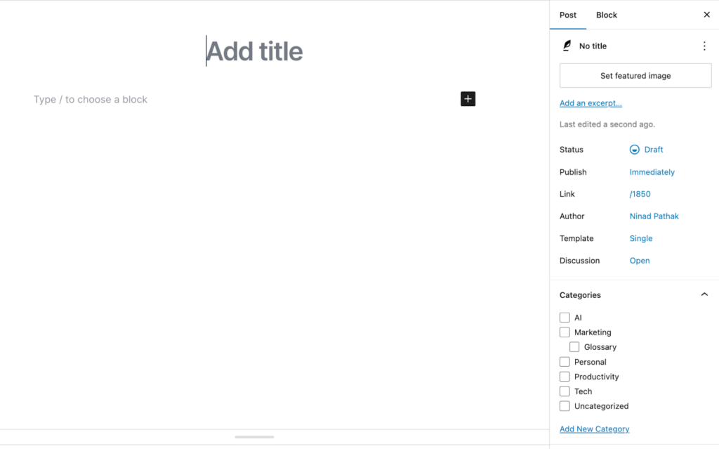 WordPress new post page with the categories listed on the right