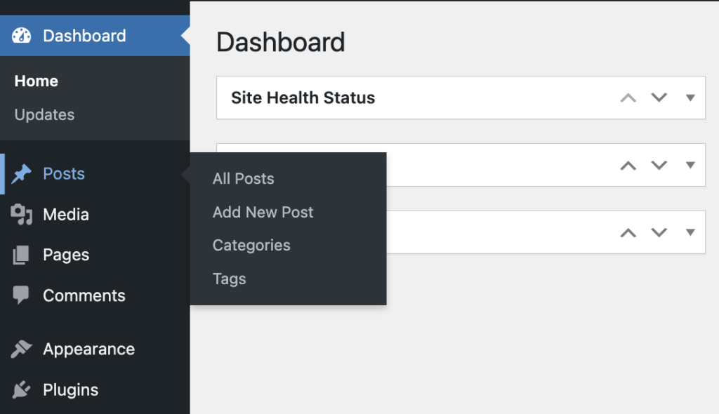 WordPress dashboard sidebar showing the posts menu