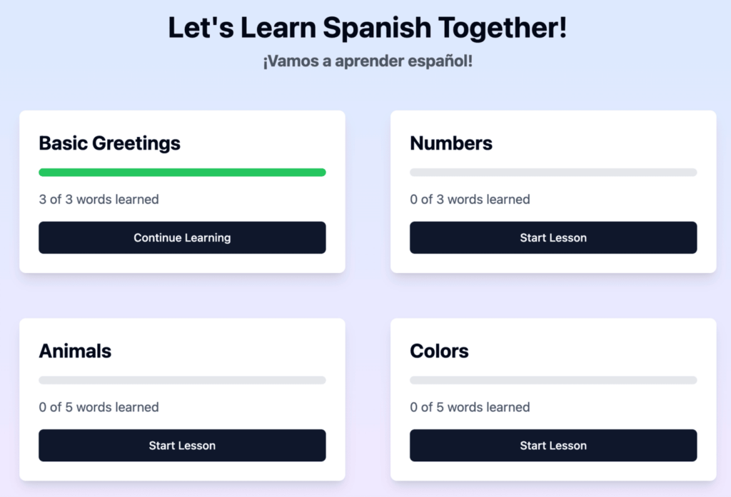 Preview of language learning web app with additional categories