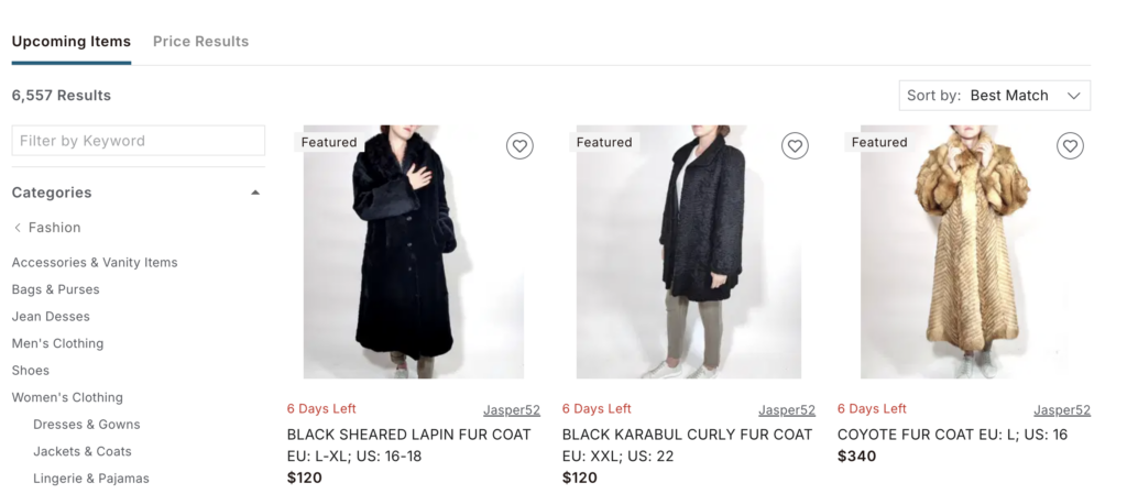 Product listings on Live Auctioneers