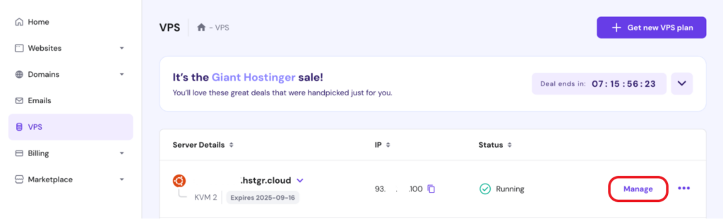 VPS tab open on hpanel with Manage button highlighted