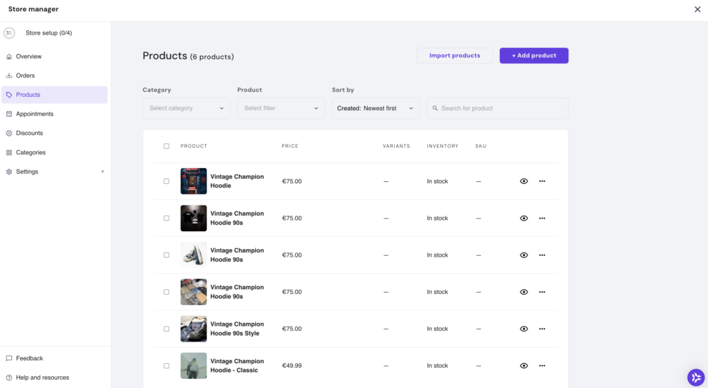 Product management page in Hostinger Website Builder