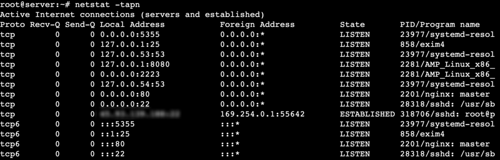 The netstat -tapn command's output shows active connections with their PIDs