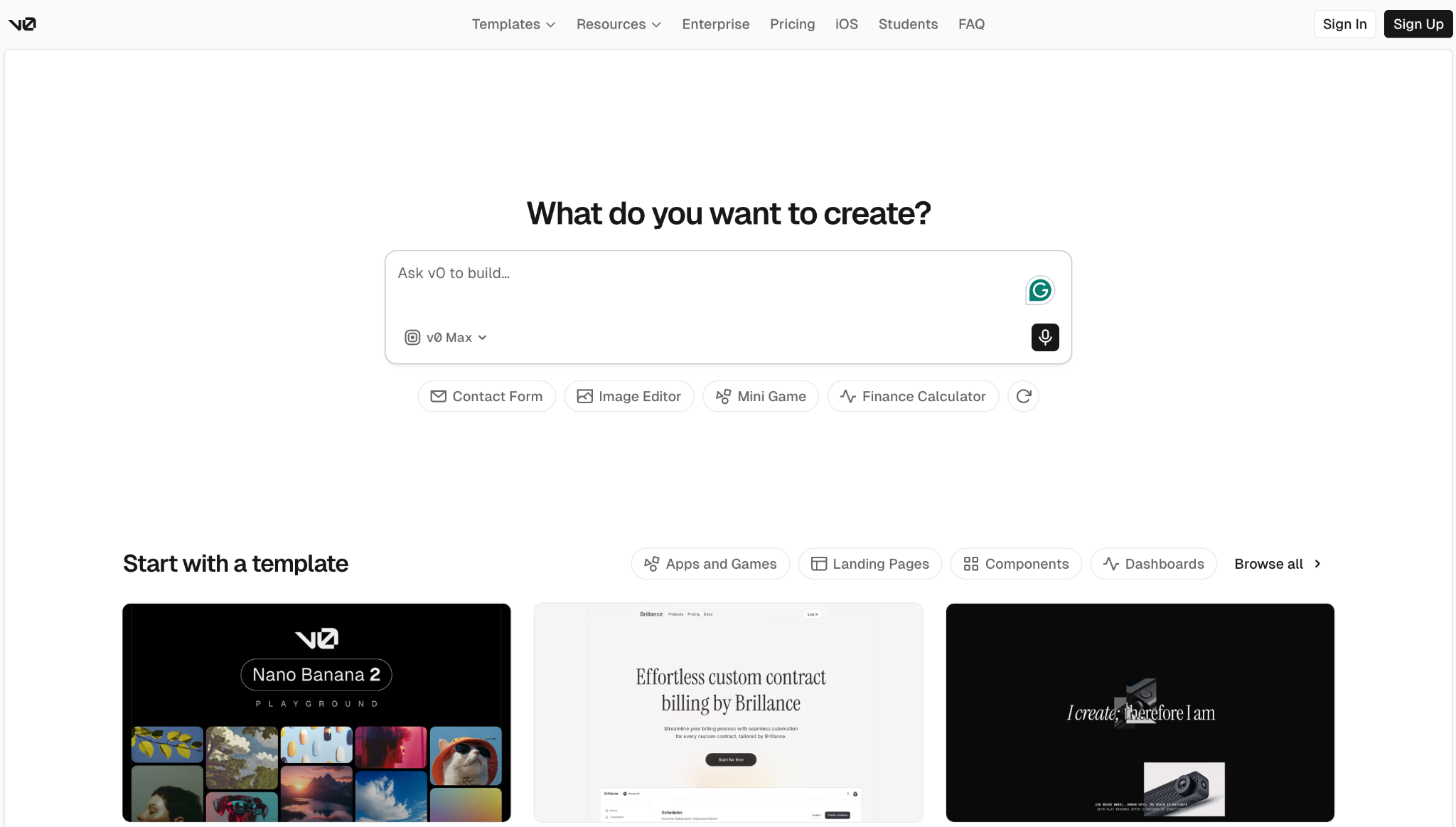 V0 landing page