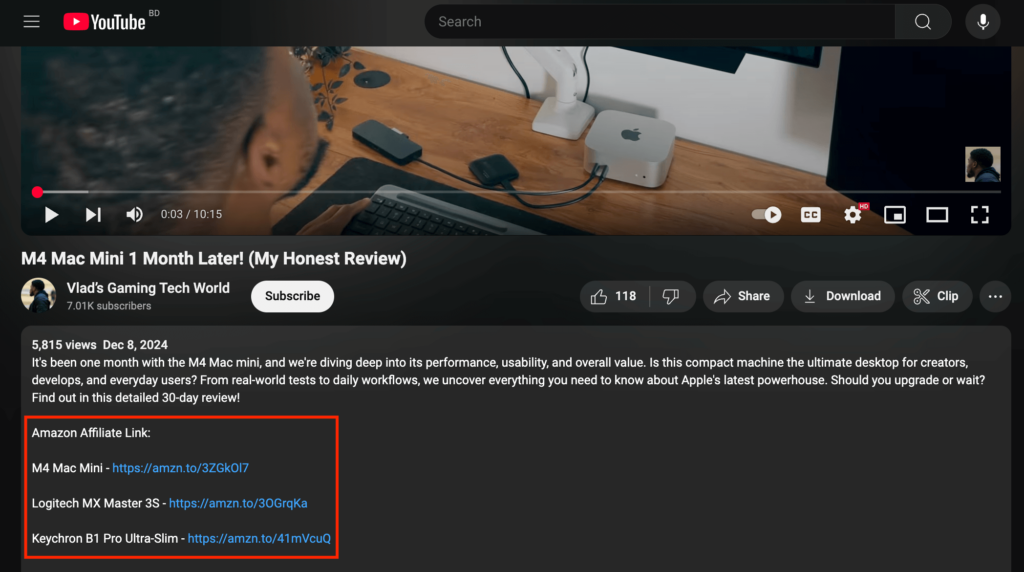 Share affiliate links in YouTube videos