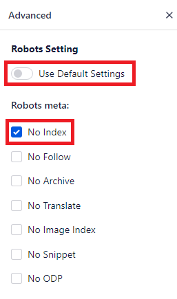 Settings panel showing "Use Default Settings" toggle off and "No Index" option selected under Robots meta options.
