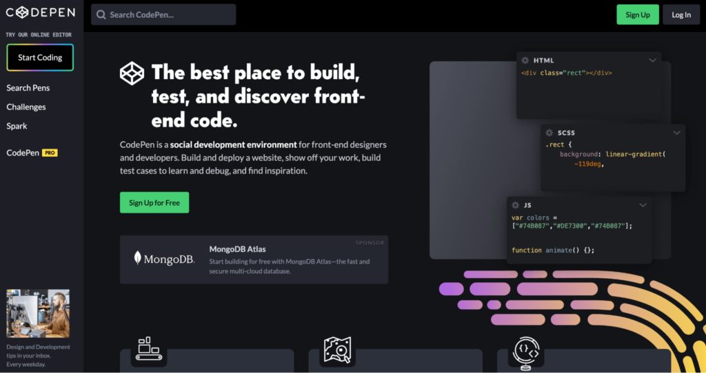 CodePen landing page
