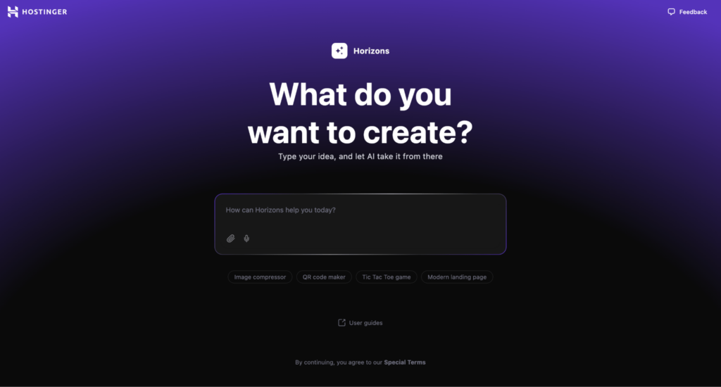Hostinger Horizons start screen