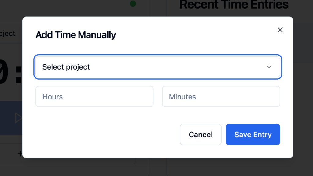 Manual time entry popup