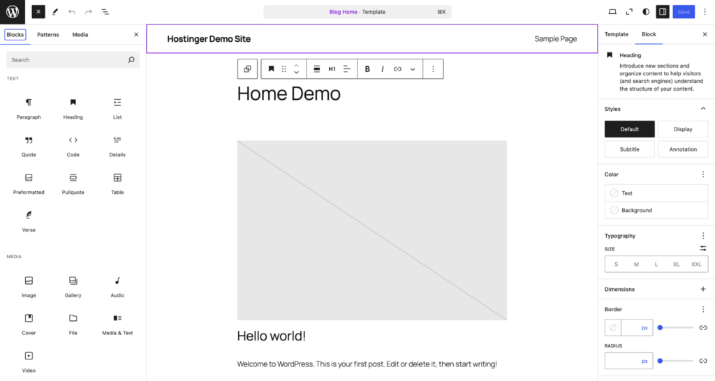 Screenshot of the WordPress Site Editor interface for editing your website's homepage.