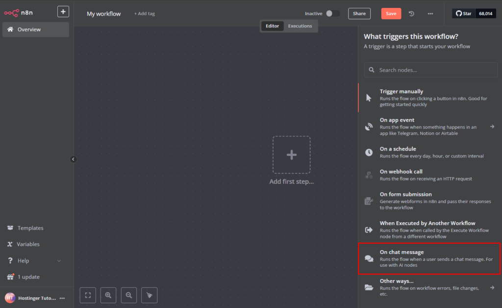 Adding a new chat message trigger node.