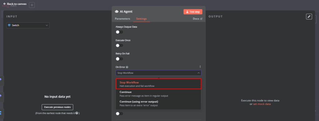 Node configuration to stop on error.