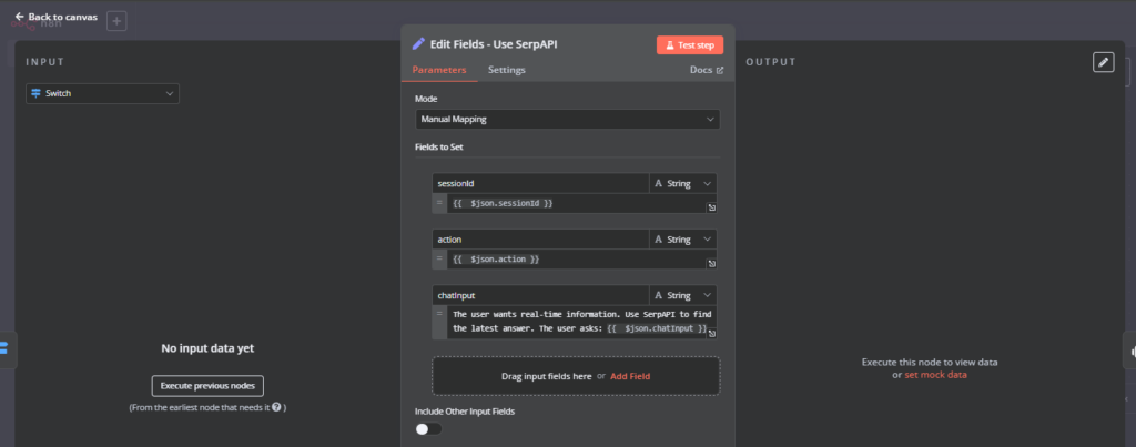 Edit Fields node for SerpAPI.