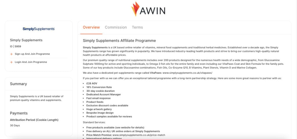 Overview page of SimplySupplements, an affiliate program under Awin
