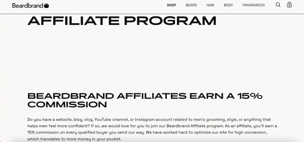 The Beardbrand affiliate program page offering a 15% commission to content creators who promote men’s grooming products