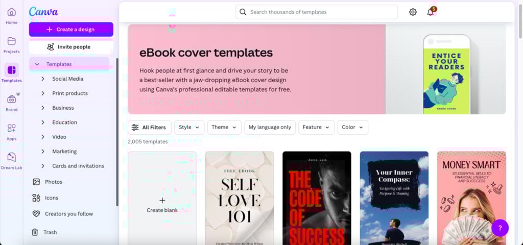 Canva webpage showing ebook cover templates

