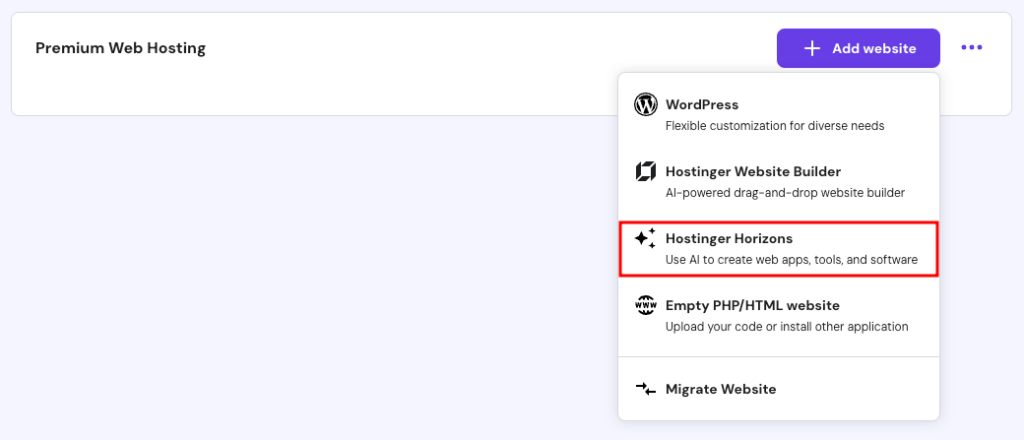 a list of platform options under add website button in hpanel