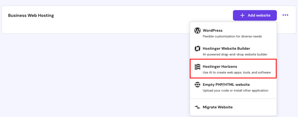 a list of platform options under add website button in hpanel