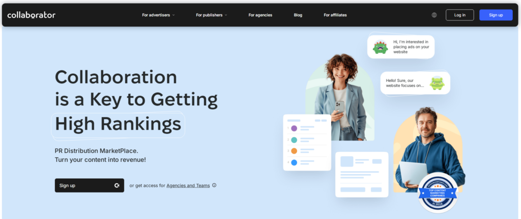 A website layout featuring the text "Collaboration is Key to Getting High Rankings," showcasing content creation and marketing interactions.
