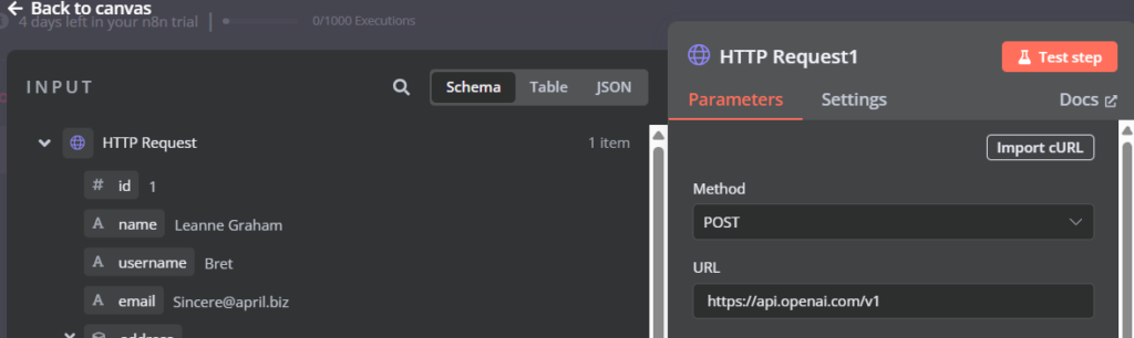 Configuring an HTTP request node with API data from OpenAI