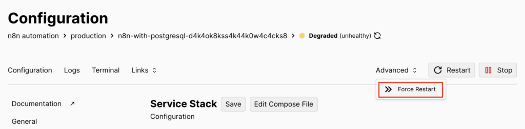 The Force Restart button in Coolify's Production page