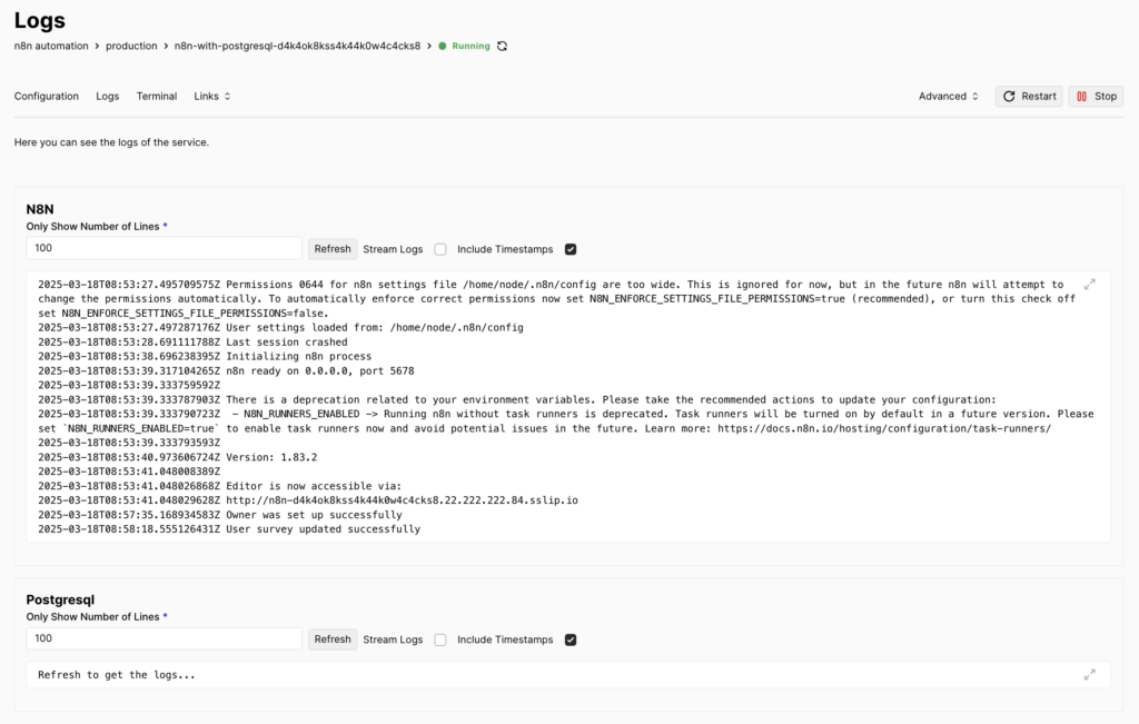 The Logs tab in Coolify's Configuration page
