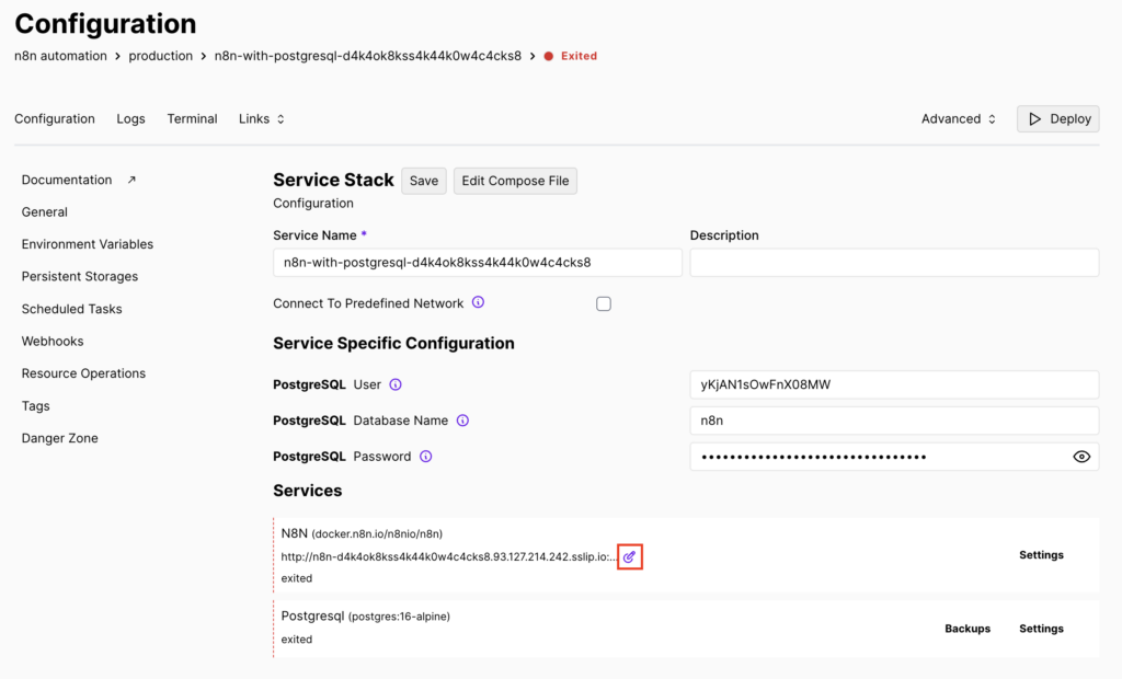 The Edit button in Coolify's Configuration page

