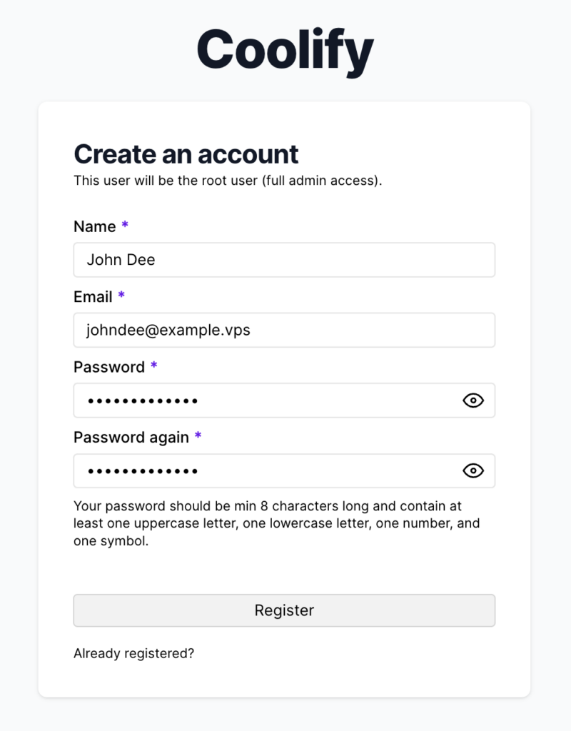 The Create an account page in Coolify