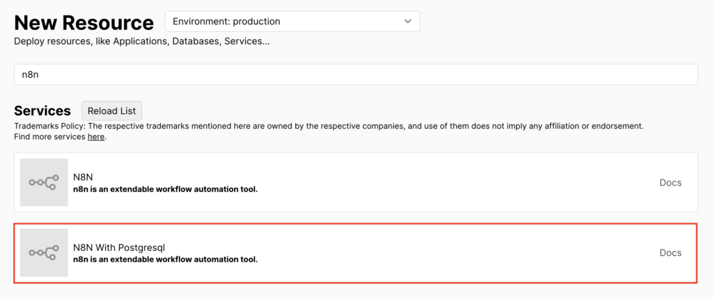 The N8N With Postgresql service in Coolify's New Resource page
