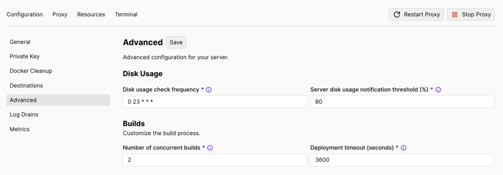 The Advanced section in Coolify's Server page
