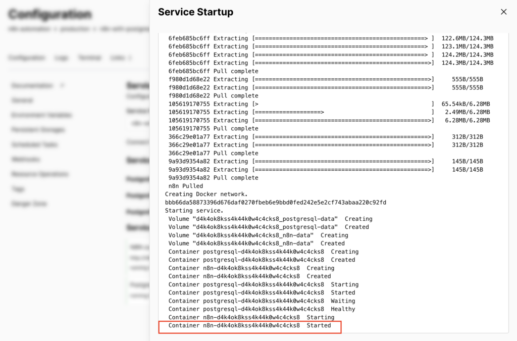 The Container n8n-[generated name] Started line in Coolify's Service Startup logs
