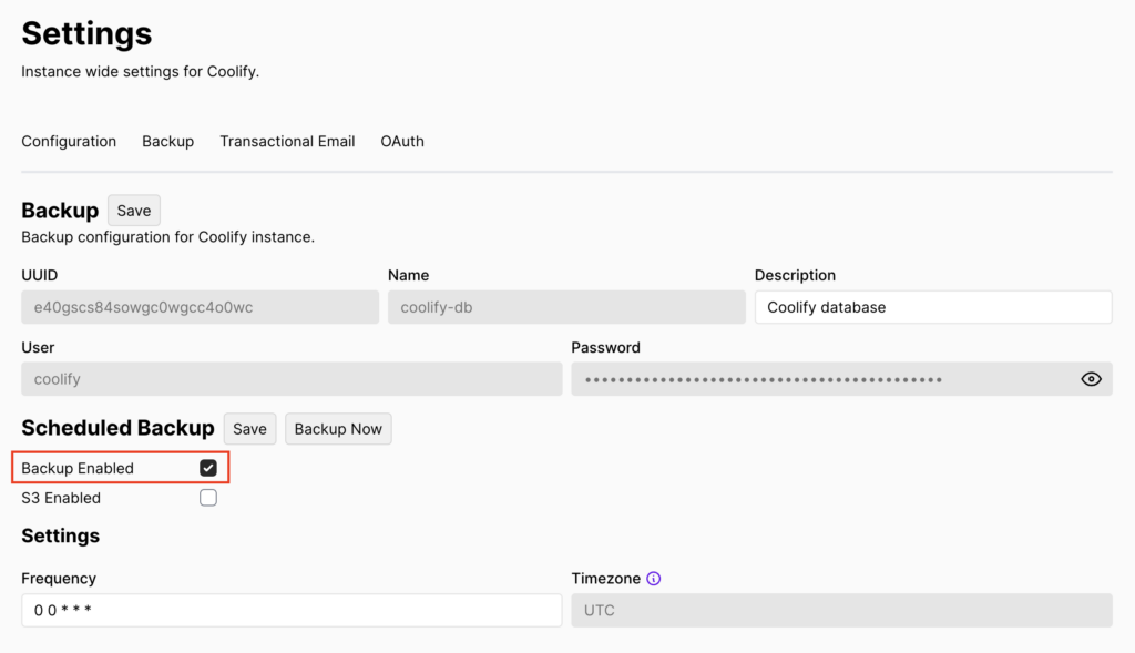 The Backup Enabled option in Coolify's Settings page