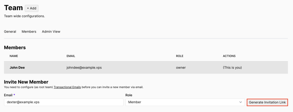 The Generate Invitation Link button in Coolify's Team page