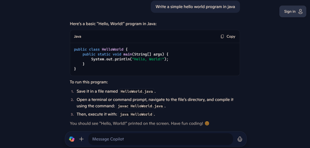 Image displaying user interaction with Microsoft Copilot
