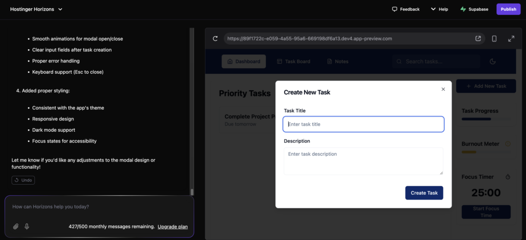 The Create New Task pop-up window on a custom task manager