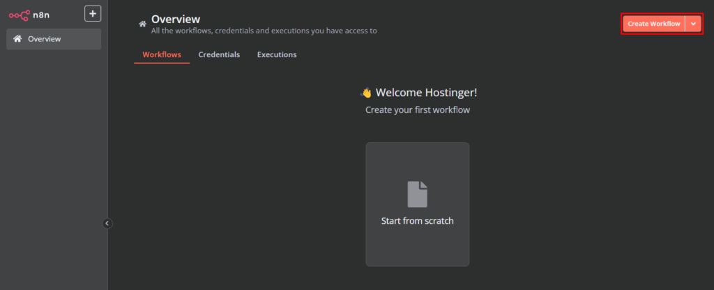 Creating a new workflow in n8n.