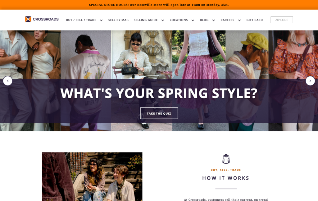Crossroads homepage with a spring style quiz banner
