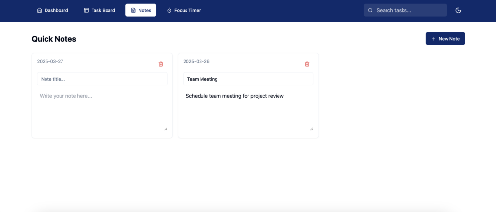 Quick Notes page preview of a custom task manager created with Hostinger Horizons