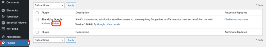 WordPress dashboard showing the Plugins section with the option to delete an inactive plugin.