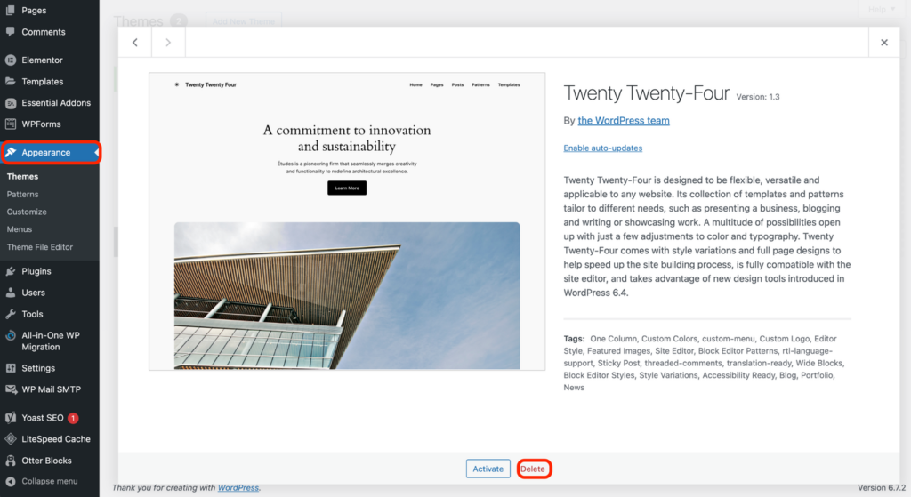 WordPress theme management screen showing the option to delete an unused theme under the Appearance section in the dashboard.