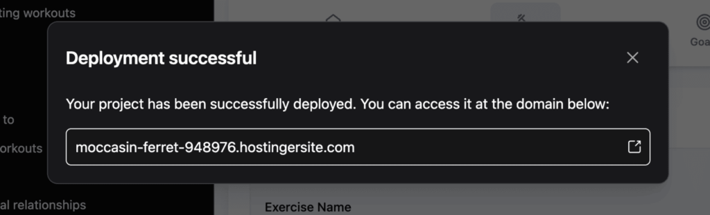 Deployment successful message within the Hostinger Horizons editor