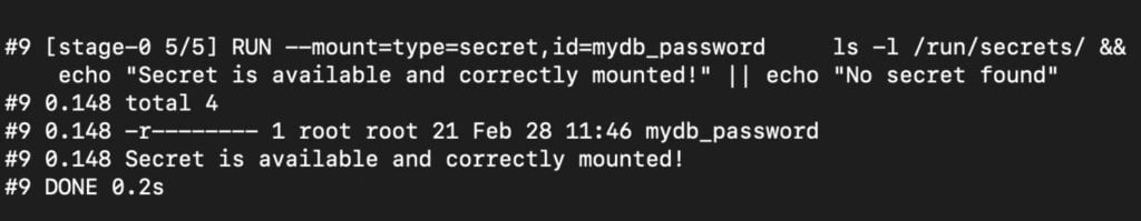 Image showing Docker build secrets securely passed to the build container without being exposed in the final image