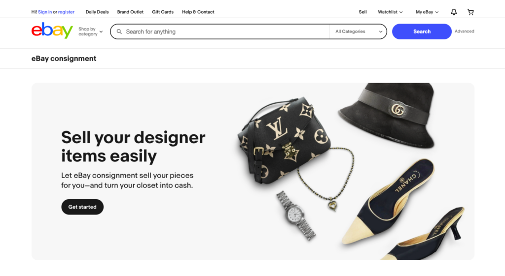 eBay Consignment page with designer items and a message to sell your pieces easily
