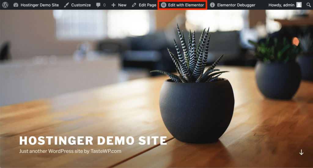 Logged-in view of the WordPress homepage showing the 'Edit with Elementor' button for quick access to page customization.