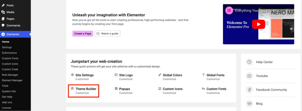 Elementor Theme Builder interface in WordPress, showing how to access navigation menu customization