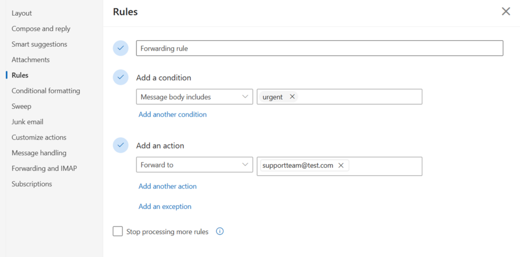 A visual image of setting up an email forwarding rule in Microsoft Outlook