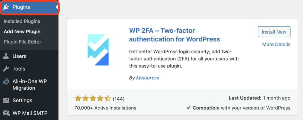 WordPress dashboard plugins section showing the screen for installing WP 2FA plugin