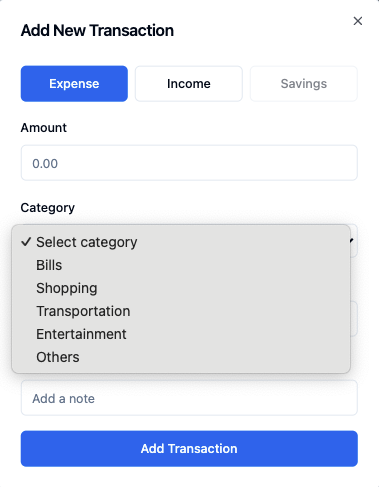 the transaction pop-up shows a list of expense categories as requested through the prompt