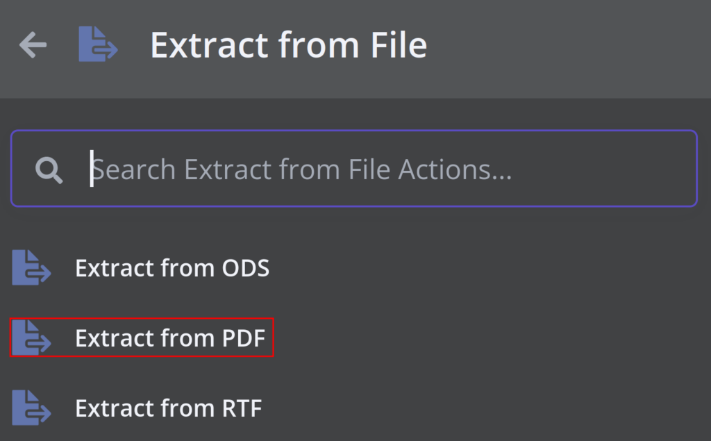 n8n action list with "Extract from PDF" highlighted