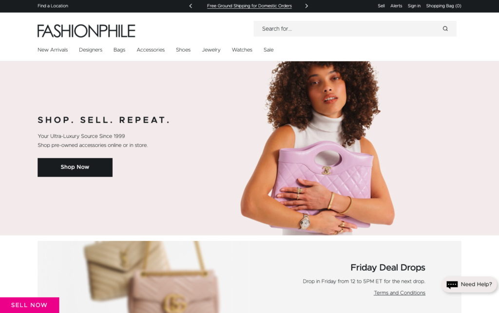 Fashionphile homepage featuring a woman holding a pink designer bag with a shop and sell message
